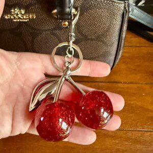NEW Red Glitter Large Cherries Purse Charm Keychain Silver Toned